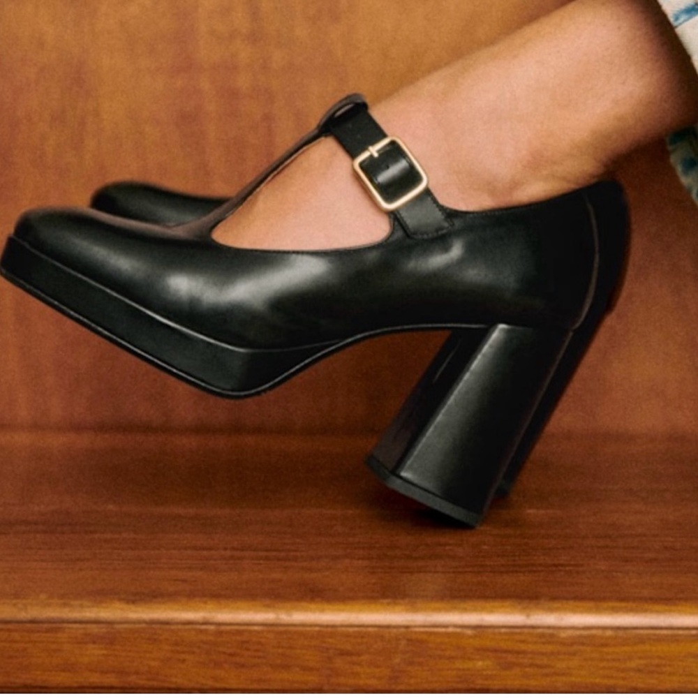 Sezane Shiny Black Leather Platform Mary Janes -